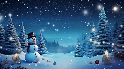 Christmas snowman with glowing trees and ornaments in a serene winter landscape, shining star, and crescent moon in falling snowflakes starry night. Christmas background - Christmas backdrop
