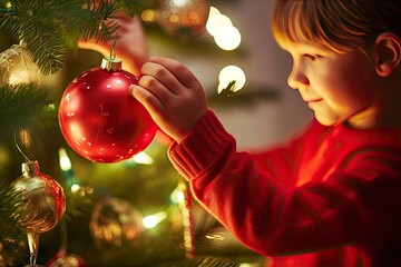 child decorating christmas tree