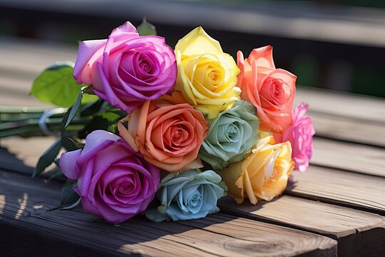 Bunch of multi colored roses on wooden planks, happy birthday lying on planks.