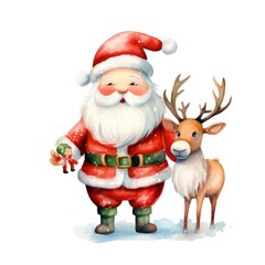 Cute Santa Claus standing with reindeer.