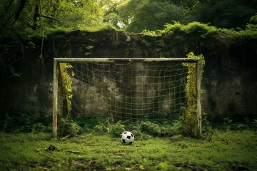 A soccer goal with a penalty spot. Generative AI - obrazy, fototapety, plakaty