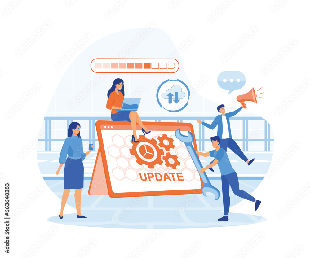 Poster system updates with people updating operation in computing and installation programs. flat vector mo