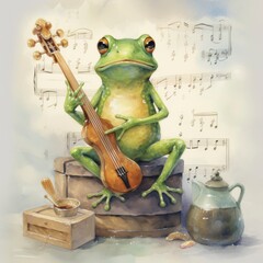Watercolor green frog playing a tiny musical instrument. AI Generated