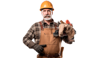 Mature construction worker with tools - obrazy, fototapety, plakaty