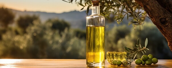 Glass bottle with olive oil and olive wood table in olive grove sun light. Generative ai
