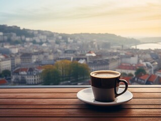 A cup of coffee on a table with a view of the city generative ai