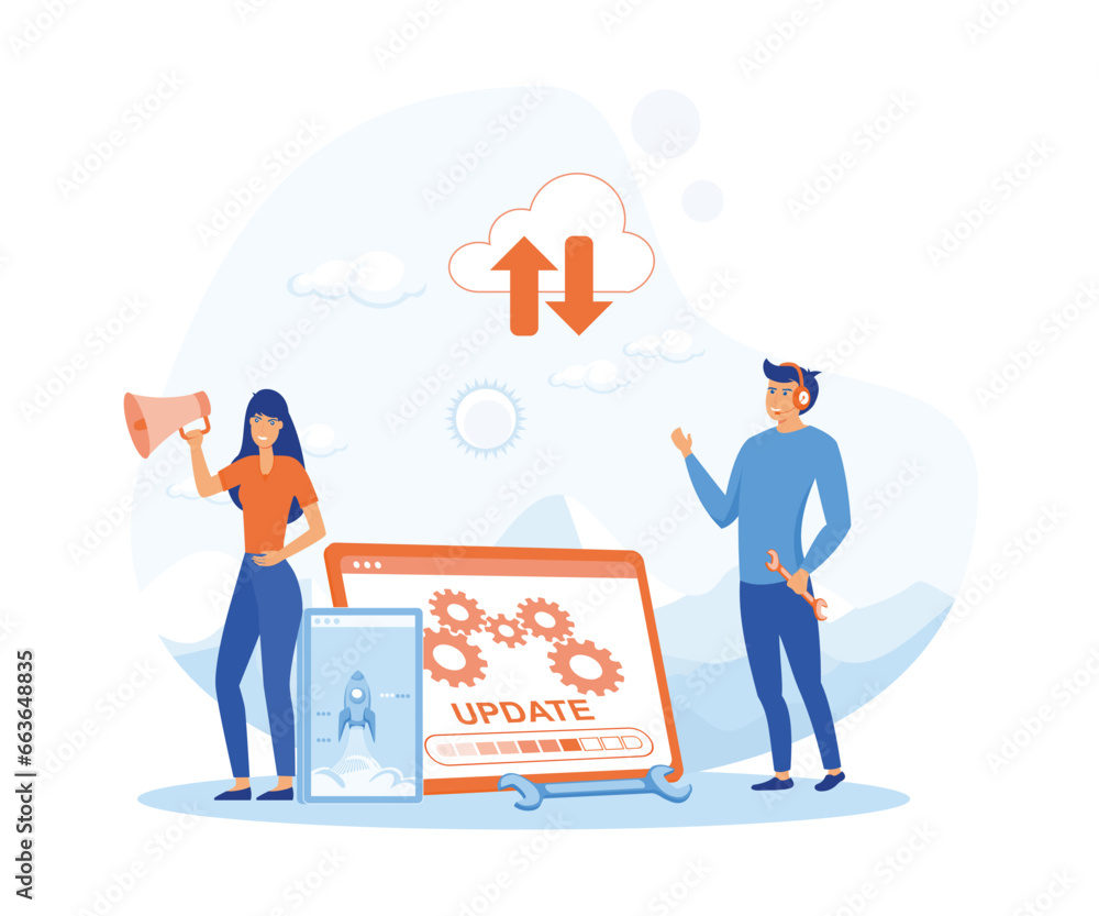 Poster system updates with people updating operation in computing and installation programs. flat vector mo