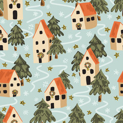 Winter town with houses,floral wreaths, tars,pine trees,snow in orange,beige,green,mint blue. Christmas seamless vector pattern. Great for homedecor,fabric,wallpaper,giftwrap,stationery,packaging.