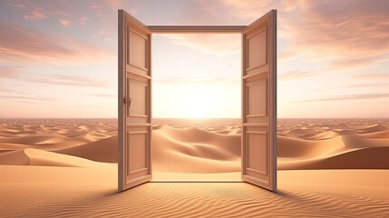 The opened door on the desert. Unknown and start up concept.