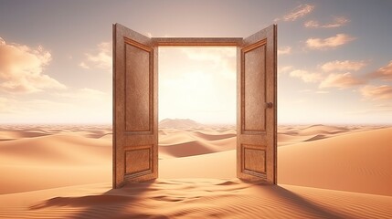 The opened door on the desert. Unknown and start up concept.