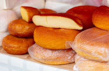 Close-up of cheese on a market counter