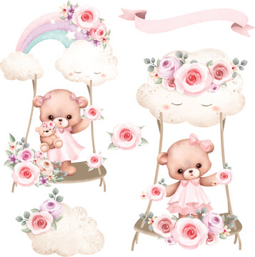 Watercolor Illustration set of cute teddy bear swing on cloud and rainbow with flower wreath elements