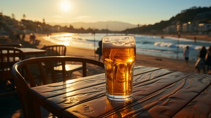 Delicious cold light beer in a glass on a table on the beach in summer - obrazy, fototapety, plakaty