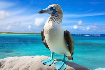 The rare blue-footed booby rests on the beach.