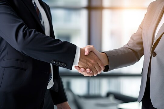 Man and women shaking hands after an interview.