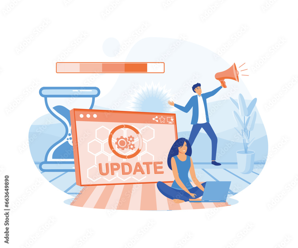 Poster software update or operating system. updating progress bar. installing app patch. flat vector modern
