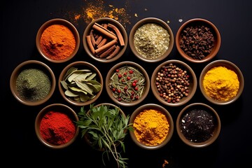 Obraz na płótnie Canvas spices and herbs on bowls