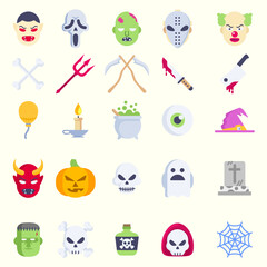 Halloween set of icon elements, ghost, pumpkin and monster. Vector is cute illustration in flat design style