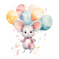 Fototapeta premium Watercolor mouse with balloons.