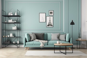 Fototapeta na wymiar relaxing room with sofa, table, shelves, and frame. Generative AI