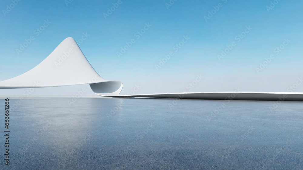 Poster 3d render of abstract futuristic architecture with empty concrete floor. Scene for car presentation.