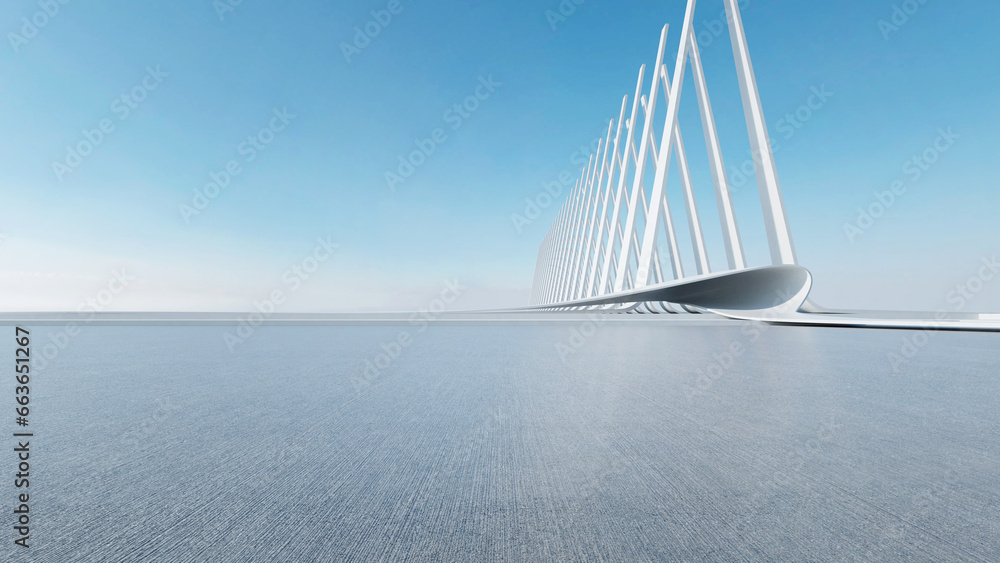 Poster 3d render of abstract futuristic architecture with empty concrete floor. Scene for car presentation.