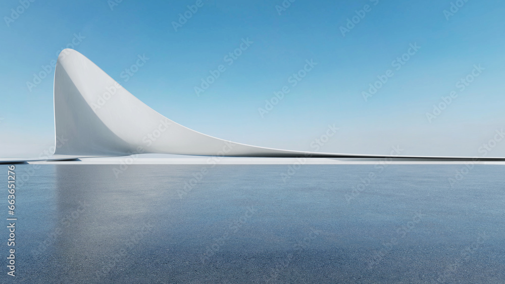 Poster 3d render of abstract futuristic architecture with empty concrete floor. Scene for car presentation.