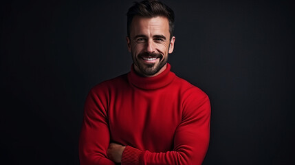 Obraz premium Strong smiling man in a red sweater on a dark background on the day of the Black Friday sale.