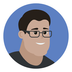 Man wearing glasses avatar. Dark hair, dark eyes, caucasian. Vector flat illustration. Cartoon people design. Suitable for animation, using in web, apps, books, education projects