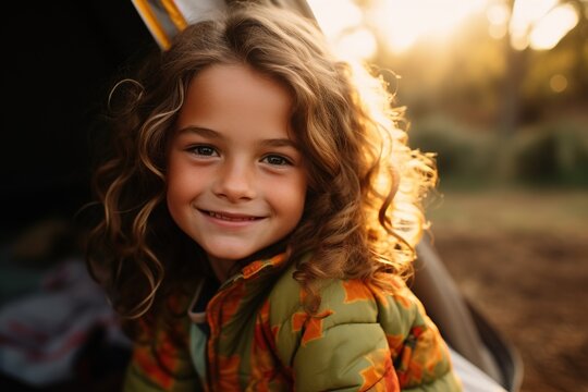 Portrait of cute little girl at camera while standing near camping tent at sunset