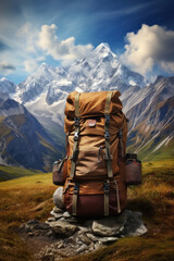 Hikers bag on mountain background