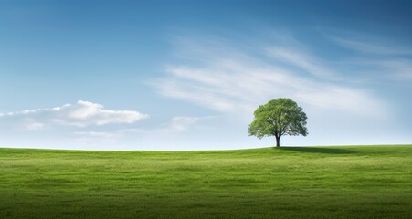 Fototapeta na wymiar Tranquil Green Meadow with Lone Tree under Blue Sky