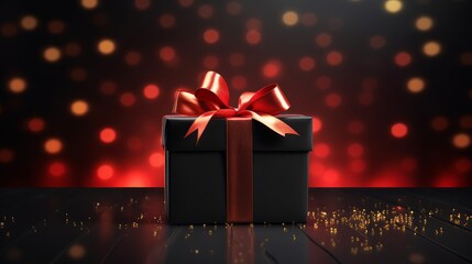 Black box with red ribbon on dark background with lights on black friday sale day