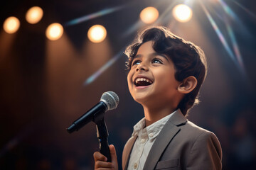 Cute little boy in suit, performing on the stage
