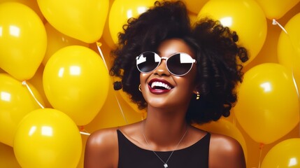 Happy, laughing dark-skinned young girl on a holiday, on a yellow background among yellow and black balloons on the day of the Black Friday sale. - obrazy, fototapety, plakaty