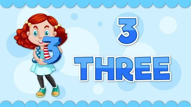 Children mathematics education video teaching number 3 with girl holding 3 number and word Three.