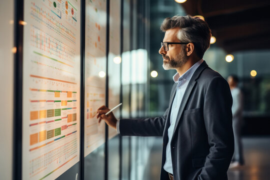 businessman doing data analyzing on big screen