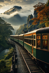 Beautiful natural Panoramic view with running train on railroad bridge.