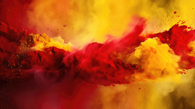 Red and yellow colored powder explosions on black background. Holi paint powder splash in colors of Spanish flag