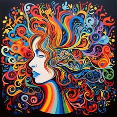 human brain concept. Creative part and colorful forest and nature. Colorful vector brain illustration, brain hand-drawn painting of forest nature. Non-existent person. Generative Ai	