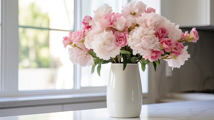 A white vase full of pink flowers is sitting on counter.