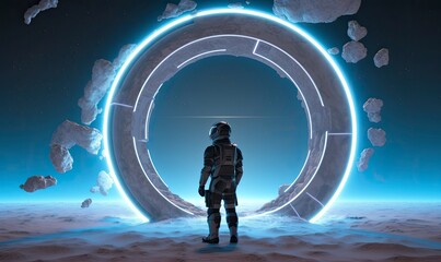 Astronaut in front of dimensional portal.