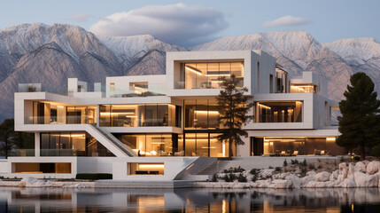 Fototapeta na wymiar Luxurious decorative modern mansion with balcony terraces and mountains view