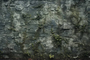 Wall surface of green stone texture with sparse foliage and worn blocks