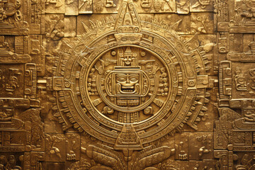 Fototapeta na wymiar Aztec inspired golden wall carving of ancient symbols, surface material texture