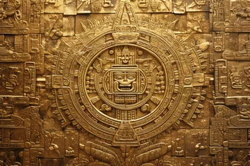Papier Peint photo Vielles portes Aztec inspired golden wall carving of ancient symbols, surface material texture