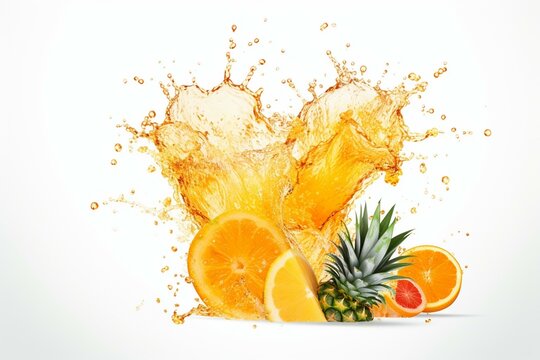 Fruit juice mix splash on white background. Healthy, refreshing orange and pineapple combination. Generative AI