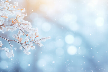 snowy winter branch with a bokeh sunrise and a snow background