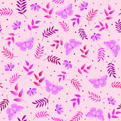 pink butterfly and firefly botanical seamless pattern. floral print. botanical garden background. good for fabric, fashion design, summer spring dress, pajama, clothing, textile, wallpaper, backdrop.