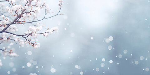 snowy winter branch with a bokeh sunrise and snow background